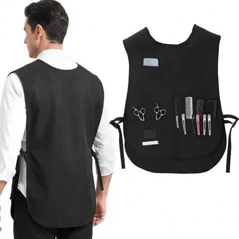 Women's Black Geometric Multifunctional Cobbler Apron (1pc, 1 Size) - Sleeveless Polyester, Kitchen Cooking, Waterproof for Dishwashing, Dirt Resistant, Fast-Drying, Breathable, Easy Cleaning, 4-Pocket, Adjustable, Side Release Buckle (YVIP), Kitchen Cook