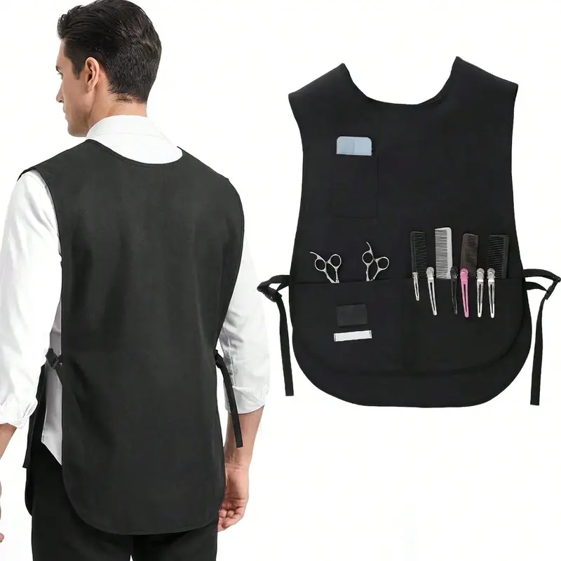 Women's Black Geometric Multifunctional Cobbler Apron (1pc, 1 Size) - Sleeveless Polyester, Kitchen Cooking, Waterproof for Dishwashing, Dirt Resistant, Fast-Drying, Breathable, Easy Cleaning, 4-Pocket, Adjustable, Side Release Buckle (YVIP), Kitchen Cook