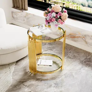 Modern Round Glass Top Table with Asymmetrical Gold Metal Base and Lower Shelf 19.7" Small Side Table for Living Room Bedroom Home Decor Easy Installation No Tools Required