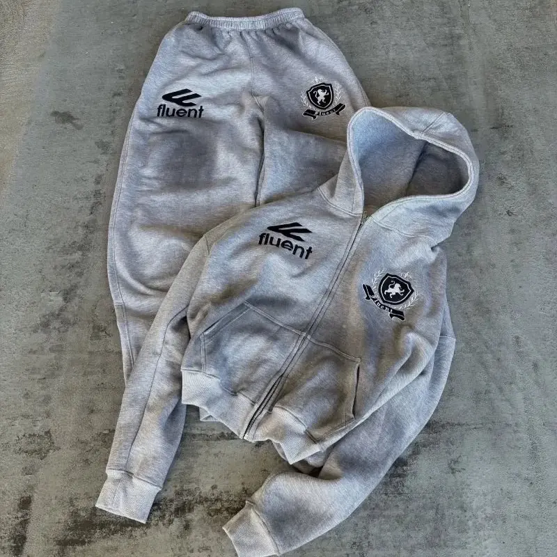 Fluent Active Street Wear Suit - Grey Hooded Jacket & Sweatpants Set for Men