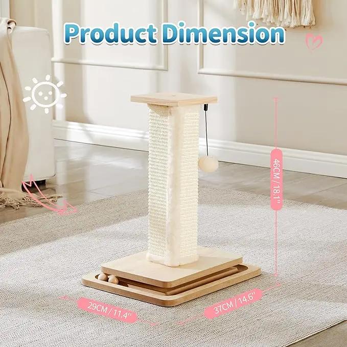 Wooden Cat Scratching Post with Track Ball Toy, Durable Natural Sisal Cat Scratcher with Hanging Pom-Pom, Interactive Cat Activity Center for Indoor Cats