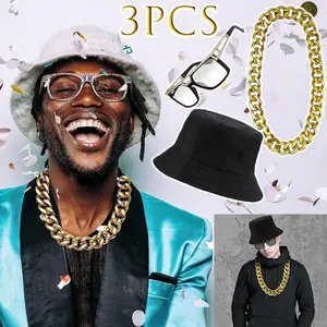 3PCS Rapper Accessories Set Including Bucket Hat Fashion Glasses Necklace Outfit, Festival Costume Accessories for Theme Dress Up Party