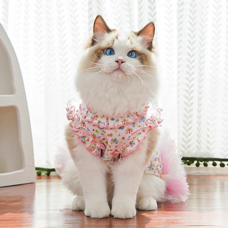 Pet Clothes Dog Cat Princess Mesh Dress Floral print Lace sleeveless Cute Breathable With Leash Ring D00048