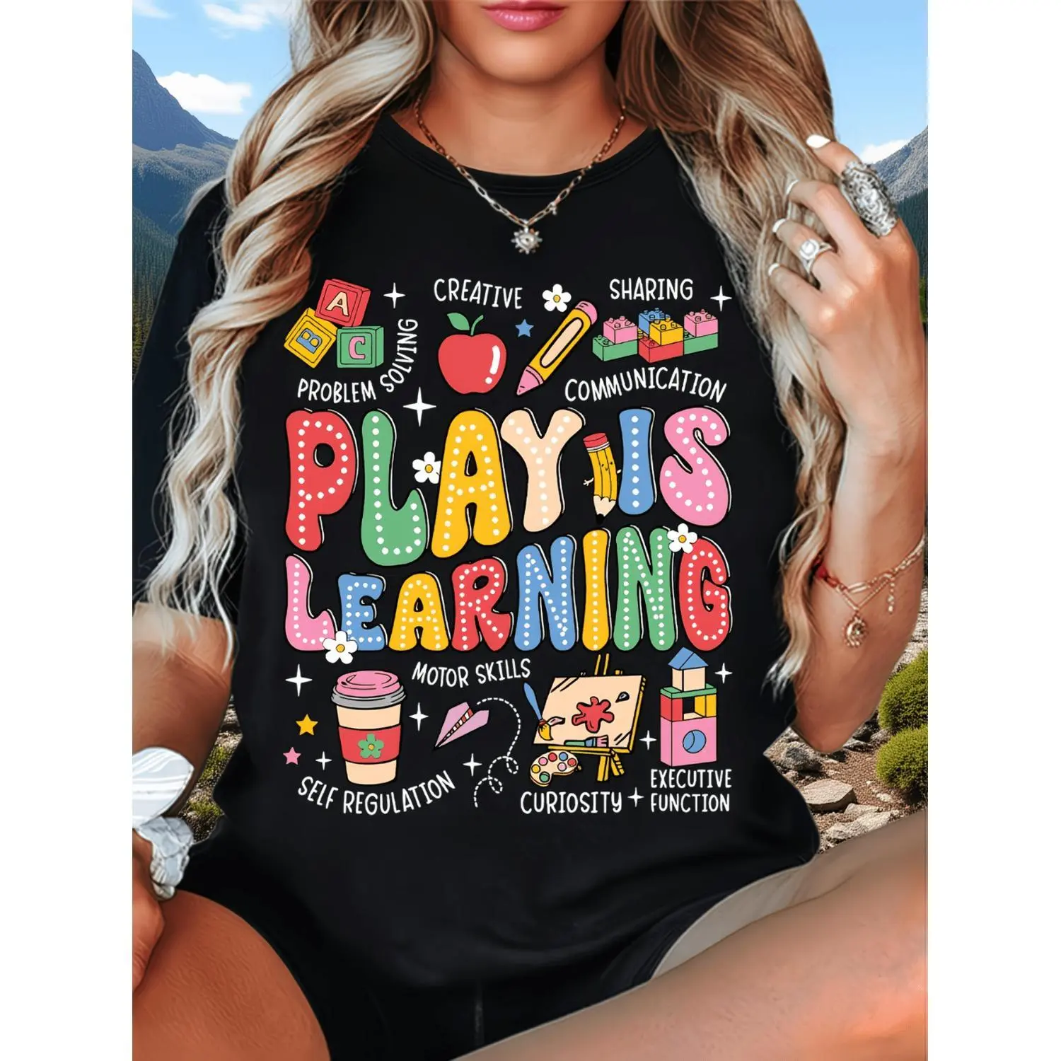 Play Is Learning educational graphic tee breathable summer casual round neck t shirt for educators back to school gift playful design comfy stretch fit
