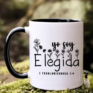 [3A Grade Spanish Verse Mug] 1pc, 3A Grade, "Yo Soy Elegida - 1 Tesalonicenses 1:4" Inspirational Spanish Verse Coffee Mug with Floral Design, 11oz Ceramic Tea Cup Ideal Birthday/ Thanksgiving/ Christmas Gift Perfect for Office/ Home for Women, Friend 11o