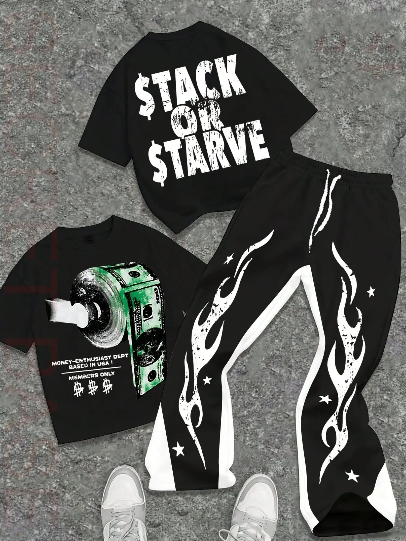 Men's "Stack Or Starve" graphic Print T-shirt and flame-patterned track pants set - Streetwear, versatile men's suit.