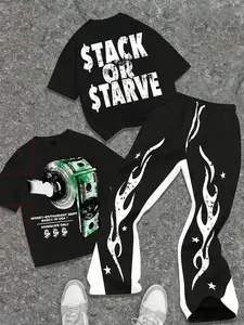 Men's "Stack Or Starve" graphic T-shirt and flame-patterned track pants set - Streetwear, versatile men's suit.