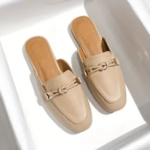 Chic Women's Slip-On Mules - Breathable Faux Cover, Square Toe Flats with Metallic Buckle Detail for All Seasons Clog Shoes Casual Shoes Footwear Girl Comfort Nail Decor Insoles