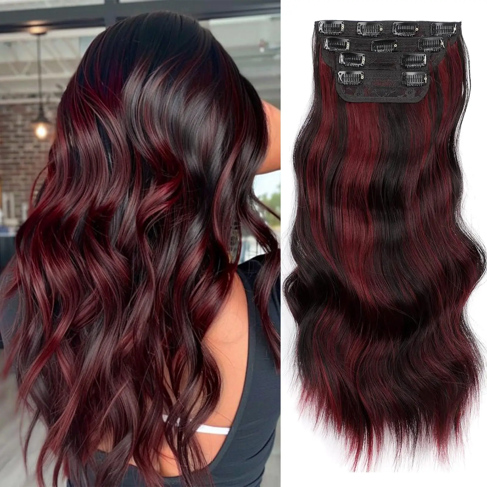Women's Long Wavy Clip-in Hair Extensions, Synthetic Hair in Black Burgundy Mix - Glueless and Easy to Wear for Instant Length, Natural Blending, Hair Extensions Clip In