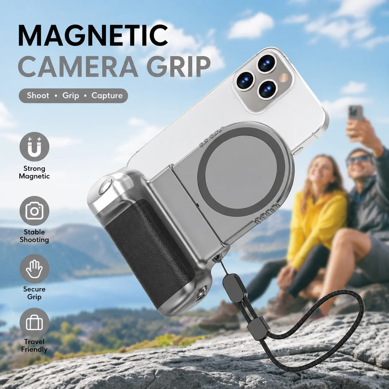 Magnetic Phone Camera Grip, 8X Suction DSLR Style Handle with Remote Control(10M Range), Compatible with Mag*Safe iPhone & Android, Portable Grip for Selfies/Vlog/Photography/TikTok/Zoom Calls/Vide