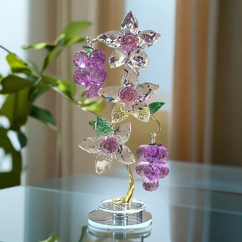 Rotating Grape Tree with Three Flowers, High-End Artificial Crystal Decorative Piece, Creative Craft for Home Decoration, Entryway Tabletop Ornament, Crystal Carvings