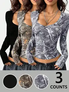 Women's 3-Pack Camo Long Sleeve V-Neck T-Shirts, Casual Basic Tops for Workout & Street Style, Camouflage, Streetwear, Womenswear