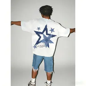 Men's Denim Star Print Oversized T-Shirt, Casual Streetwear Short Sleeve Tee, All-Season Aesthetic Top, White graphic good clothing christian mcr
