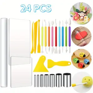 24 Piece Plastic Ceramic Clay Tool Set, Including Plastic Clay Tools, Clay Molds, Acrylic Plates, Acrylic Rods, Clay Carving Tools, Suitable for DIY Tools for Shaping Clay Crafts, Shaping and Carving Craft Supplies, Car Repair Tools Modeling Artificial