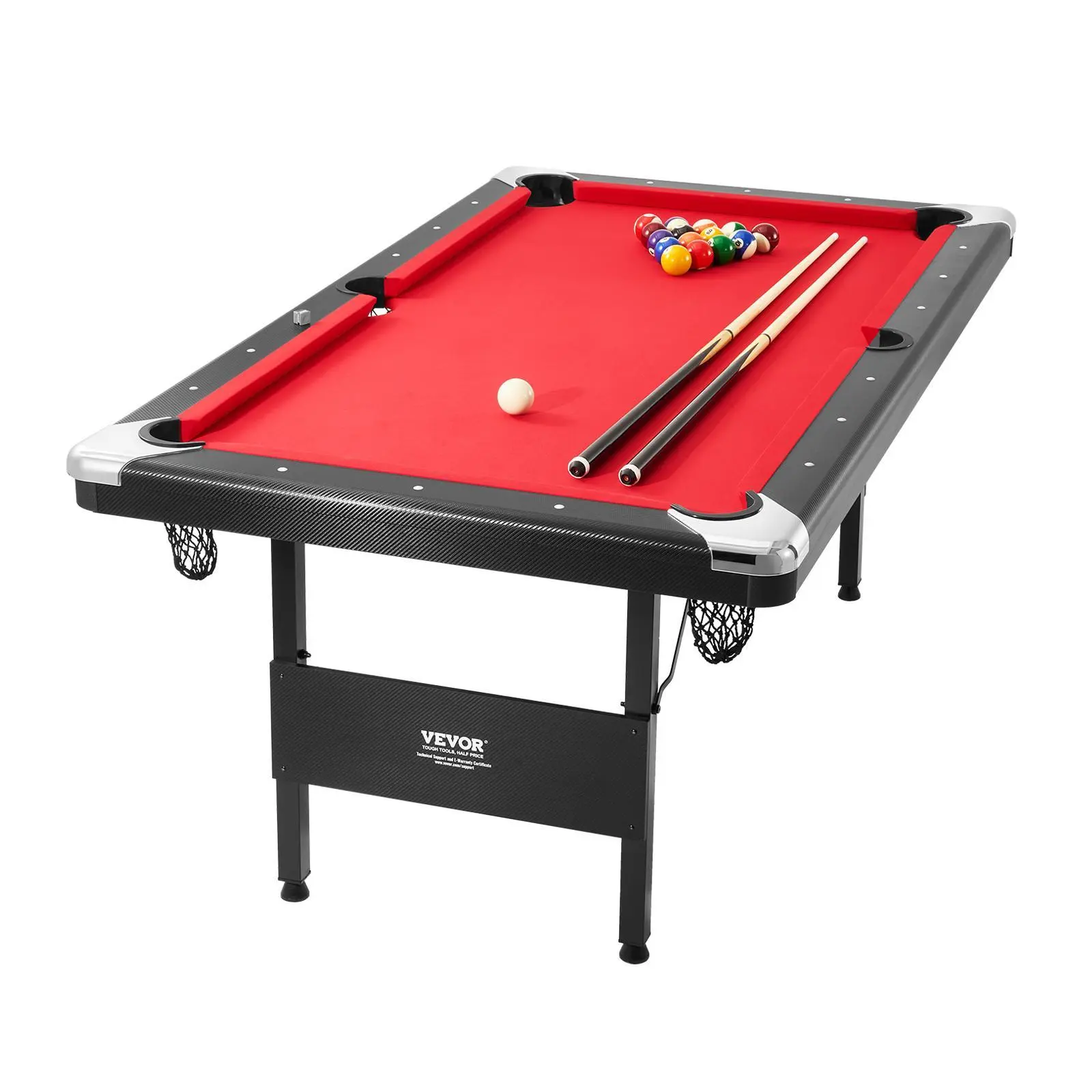 VEVOR Billiards Table,  6.3 ft Pool Table, Portable Foldable Space-Saving Table, Billiard Table Set Includes Balls, Cues, Chalks and Brush, Black with Red Cloth, Perfect for Family Game Room Kid Adult#BackToSchool