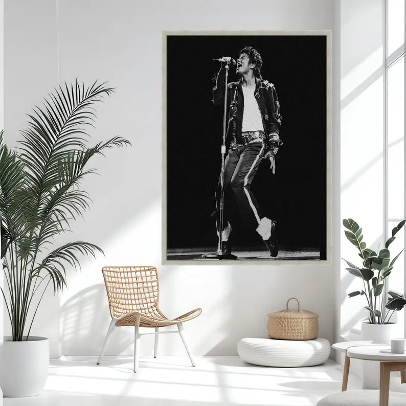 Michael Jackson Iconic Performance Canvas Wall Art, Black and White Music Legend Portrait, Pop Star Stage