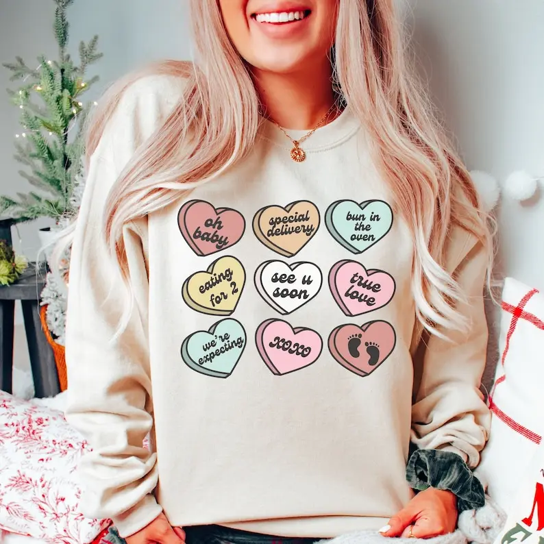 Valentines Day Pregnancy Announcement Sweatshirt Pregnant Candy Hearts Valentine Maternity Sweater February Gender Reveal Gift for Expecting