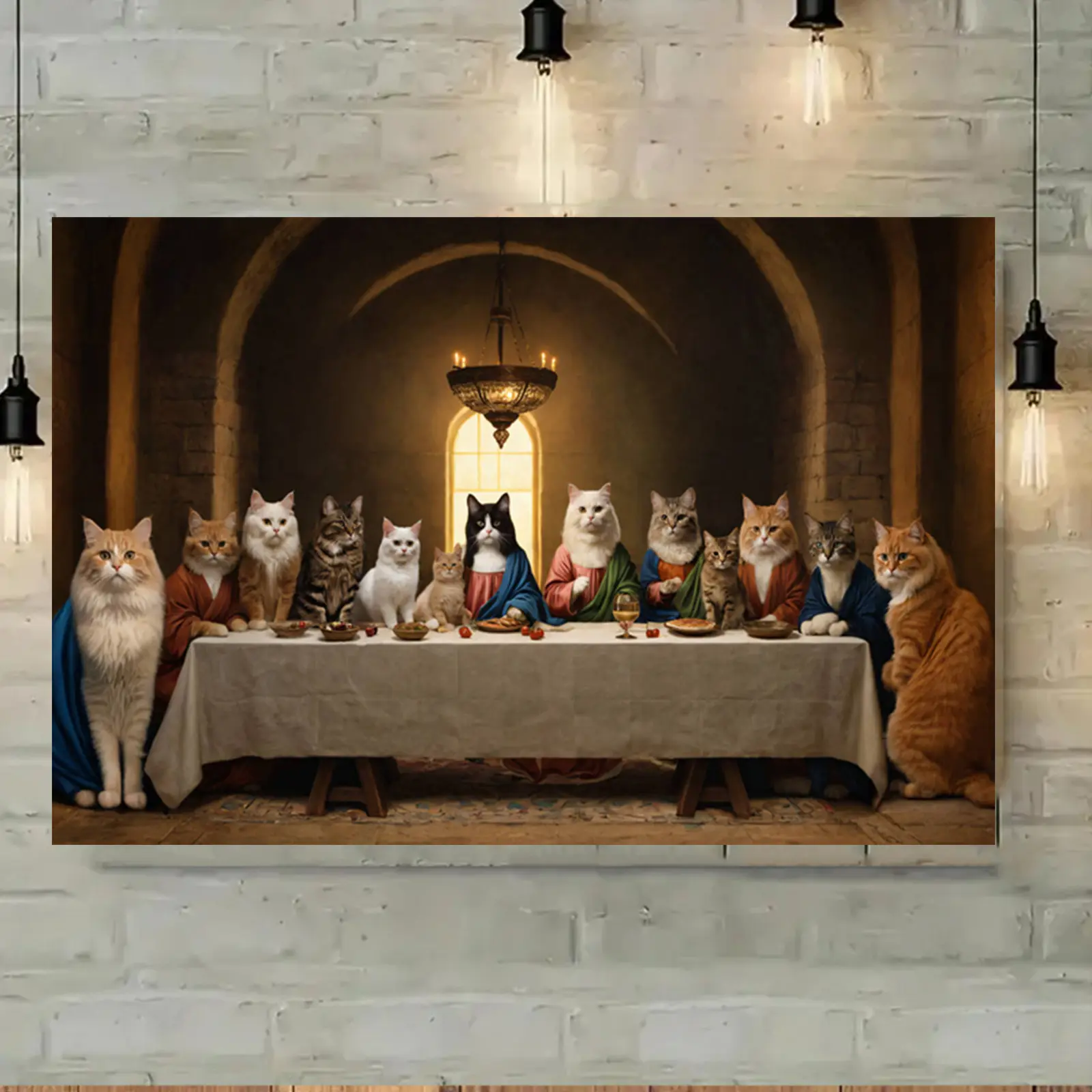 Room Decor Whimsical Cat Last Supper Unframed Canvas Poster, Royal Feline Gathering Historical Parody Art