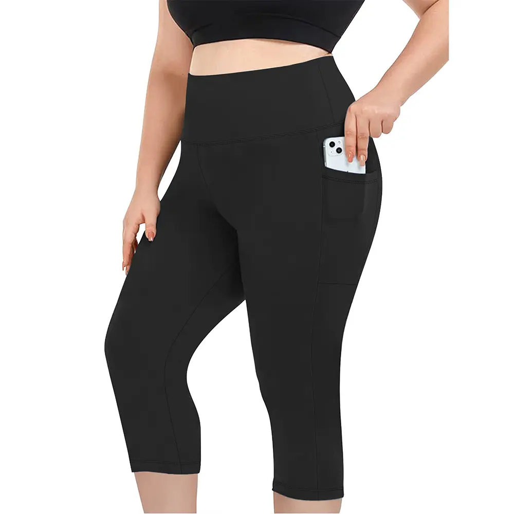 Plus Size High Waist Buttery Soft Capri Yoga Leggings with Pockets, Women's Athletic Workout Casual Base Layer Capri Pants