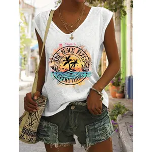 Casual Tank Top Featuring a Letter And Coconut Tree Design, Perfect for Summer And Spring with Cap Sleeves, Suitable for Women'S Wear
