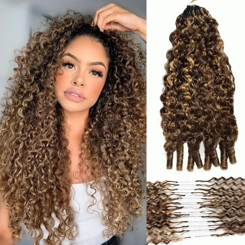 Color P4/27 Highlight Burmese Curly Feather Human Crochet Hair for Black Women 50g/Pack Pre-Separated Looped Invisble Curly Bundles Human Hair Reusable Wet and Wavy Remy Hair Extensions 14-22 Inch