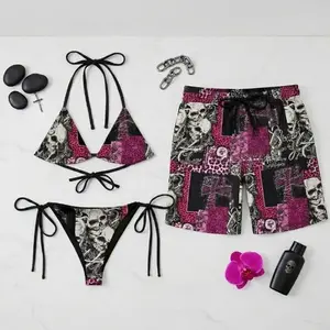 Matching Couple Y2K Gothic Swimwear Set – Skull Print Pink Leopard Bikini & Men’s Board Shorts, Alternative Punk Rock Summer Beach Outfit, Lightweight Quick Dry Vacation Swimwear