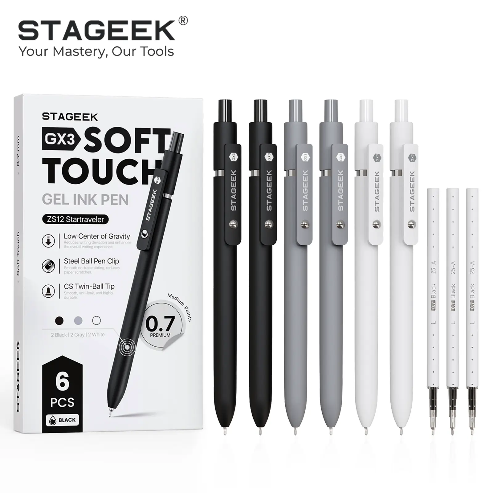 STAGEEK Black Gel Pens 6Pcs 0.7mm Quick Dry Ink with 3 Refills Fine Point Smooth Writing for Journaling Office Note Taking School Supplies Nurse Aesthetic(Black Gray White&Gradient)