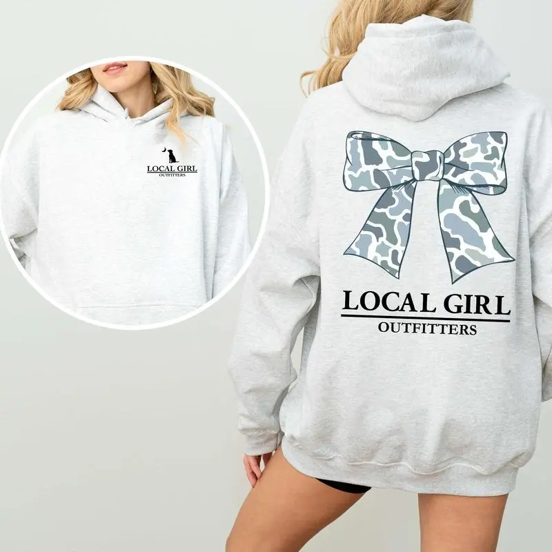 Local Girl Camo Bow 2-Side Hoodie, Unisex Graphic Tee, Women Gifts, Hunting Season Gift, Breathable Cotton, Womenswear, Casual Women's Top, Trendy Shirt