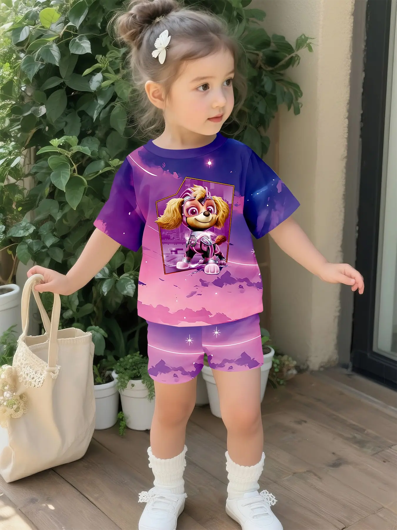 Purple-pink starry sky puppy set with digital printing, Graphic Print Set, Cute Clothing Set, 100% polyester baby short-sleeve set, baby girl's casual clothing, suitable for daily and outdoor sports, a perfect gift for babies and toddlers, Cute Sets