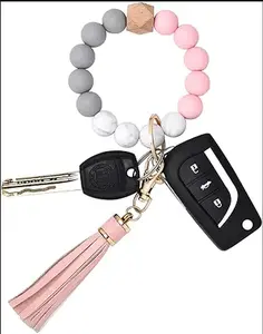 Silicone Beaded Bracelet Keychain Wristlet Key Ring Bangle Chains for Women with Leather Tassel