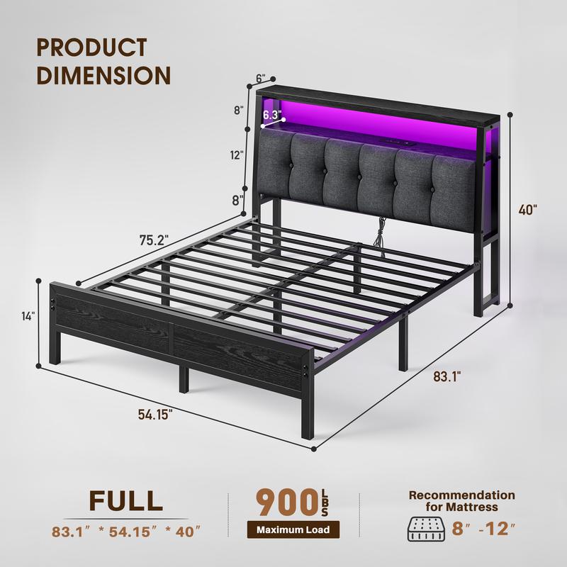 Raybee LED Bed Frame with Charge Station for Queen, Full, King, Platform Bed Frame with Upholstered Ergonomic Heardboard , 2 Tiers of Shelves & 12" Underbed Storage, Industrial Modern Bedroom Furniture, 1000lbs Capacity with Metal Slats & Frame, Black