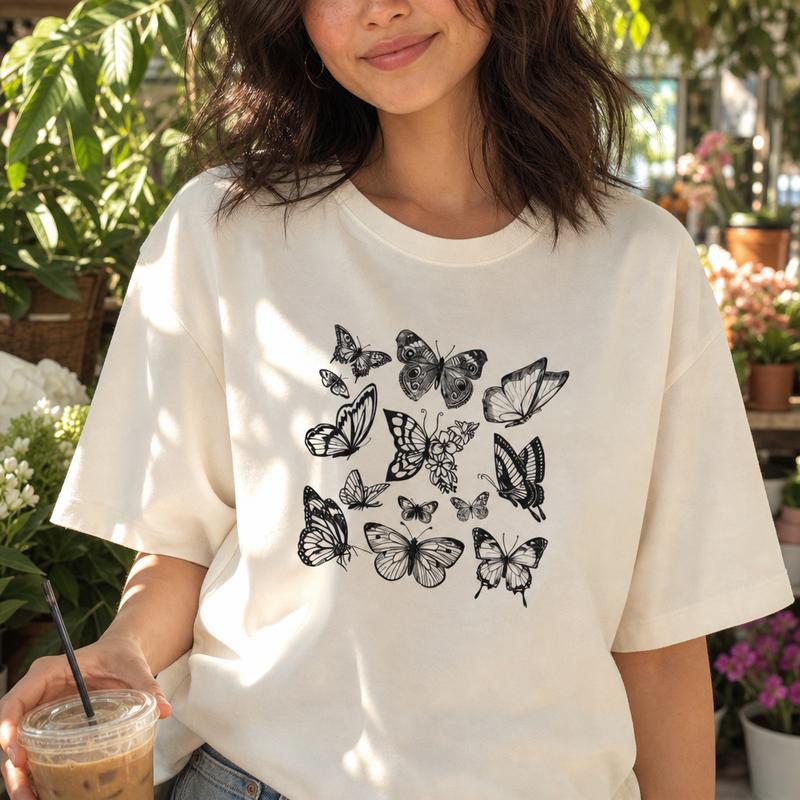 Lady's 100% Cotton Short-Sleeve Crew Neck Drop Shoulder Casual T-Shirt - Breathable, Aesthetic Butterfly Nature Graphic Plus Size Women's Top