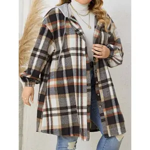Plus Size Plaid Patchwork Print Button Front Drawstring Hooded Coat, Casual Long Sleeve Drop Shoulder Outerwear for Fall & Winter, Women’s Clothing for Daily Wear