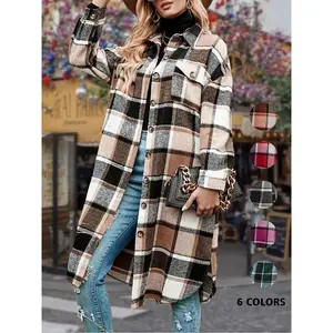 Women's Colorblock Plaid Print Button Front Drop Shoulder Coat, Casual Long Sleeve Collared Pocket Coat for Fall & Winter, Women's Clothing for Daily Wear