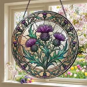 Purple Scottish Thistle Stained Glass Suncatcher: Thistles Flower Window Hanging, Colorful Floral Glass Art