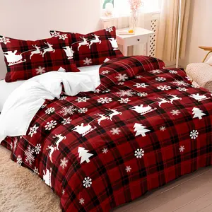 3pcs Christmas Themed Grid Duvet Cover , Elk Reindeer & Snowflake Print Bedding Set, With Zipper Closure Fit For All-Season , Machine Washable, Christmas Gift, Quilt Cover Set
