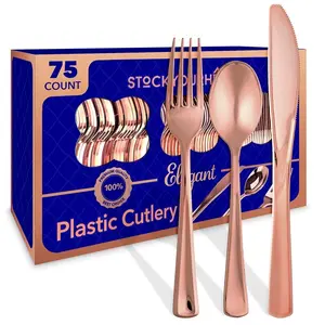 75 Pieces Heavy Duty (Rose Gold) Plastic Silverware Set, Disposable Cutlery Set, Great for Parties, Weddings, and Catering, Flatware Utensils Included: 25 Forks, 25 Spoons, 25 Knives, Stock Your Home