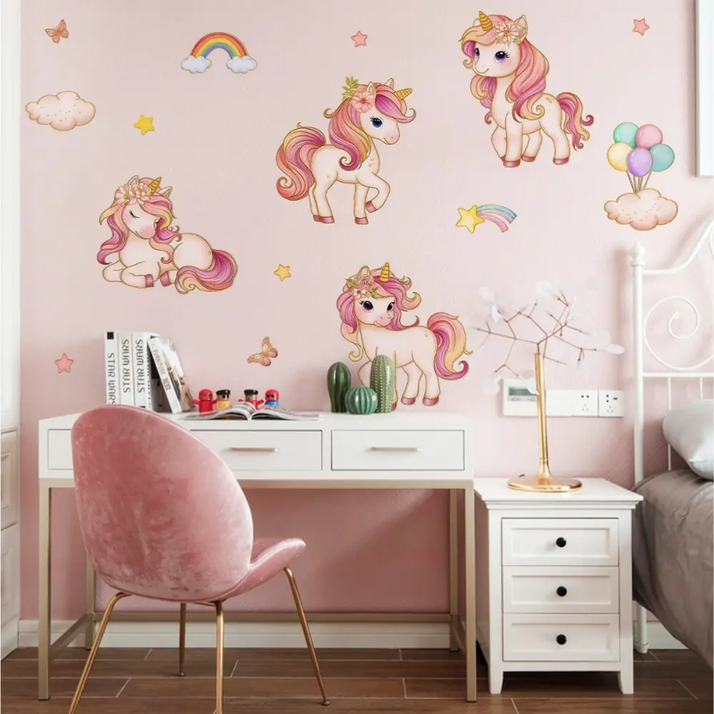 A set (30*90cm*2pcs) of unicorn star gold edge 2D flat decorative wall stickers, home decoration self-adhesive wall stickers, Decorative Decal, MA16006-YJ