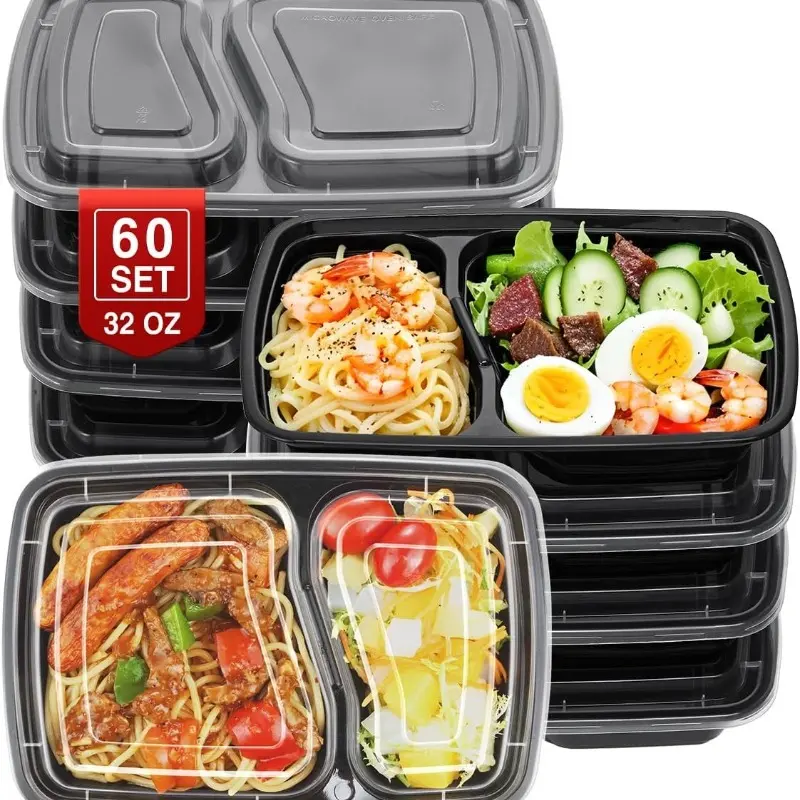60 sets of disposable 2-bedroom meal preparation containers - plastic food storage containers, 2-bedroom with lids