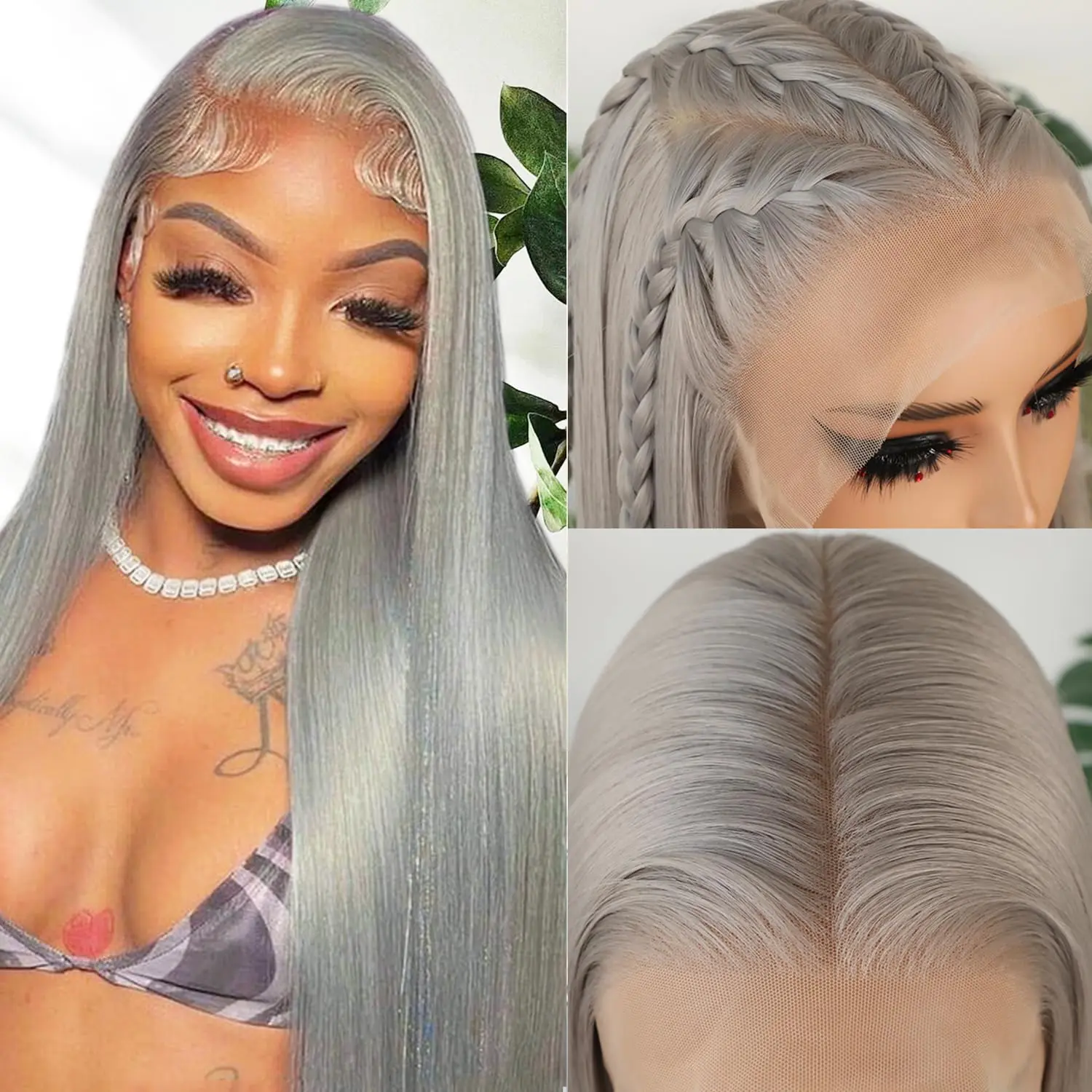 13X6 Lace Front Wig Long Straight Grey Synthetic Lace Front Wig Glueless with Natural Hairline Pink Blonde Blue Heat Resistant Fiber Hair Wig for Fashion Women