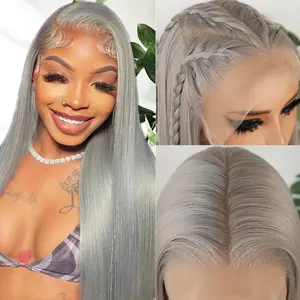 13X6 Lace Front Wig Long Straight Grey Synthetic Lace Front Wig Glueless with Natural Hairline Pink Blonde Blue Heat Resistant Fiber Hair Wig for Fashion Women