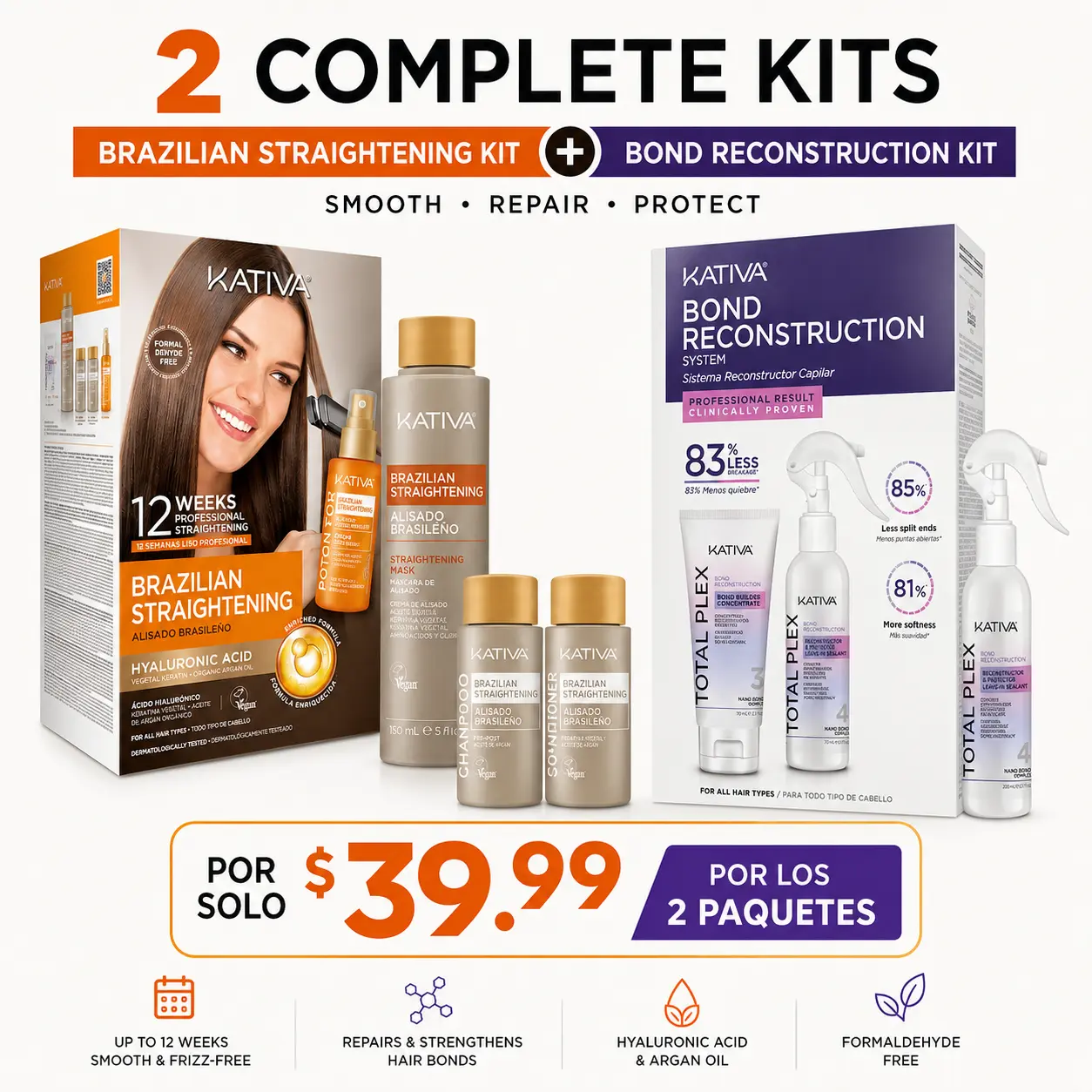KATIVA 2 Complete Kits Bundle – Brazilian Straightening Kit + Bond Reconstruction Kit | Hair Smoothing, Repair & Anti-Frizz | Hyaluronic Acid, Argan Oil