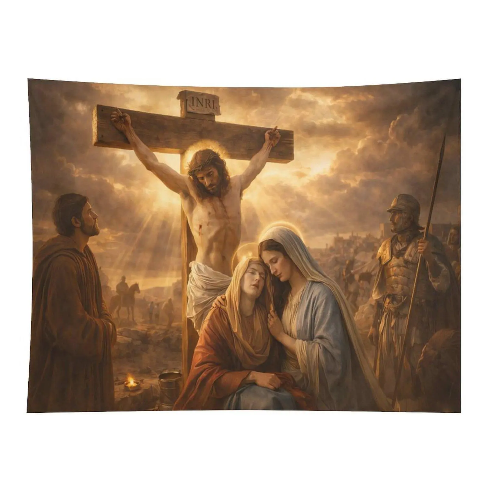 Jesus Crucifixion Cross Mary Biblical Vintage Art Wall Tapestry Wall Hanging, Sacred Easter Christian Faith Living Room Decor Backdrop