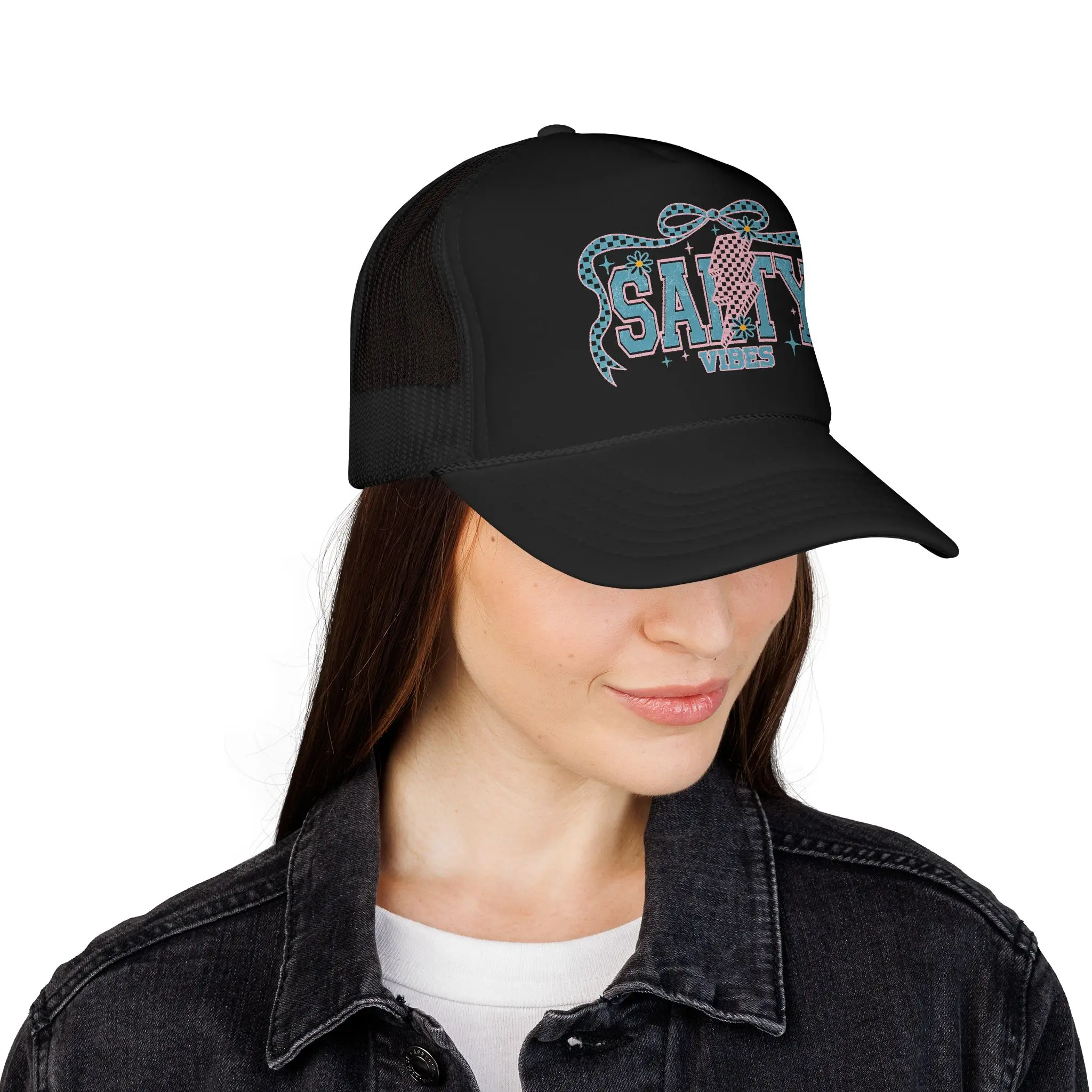 Salty Vibes Flamingo Foam Trucker Hat | Beachy Retro Ribbon Graphic|Summer vibes