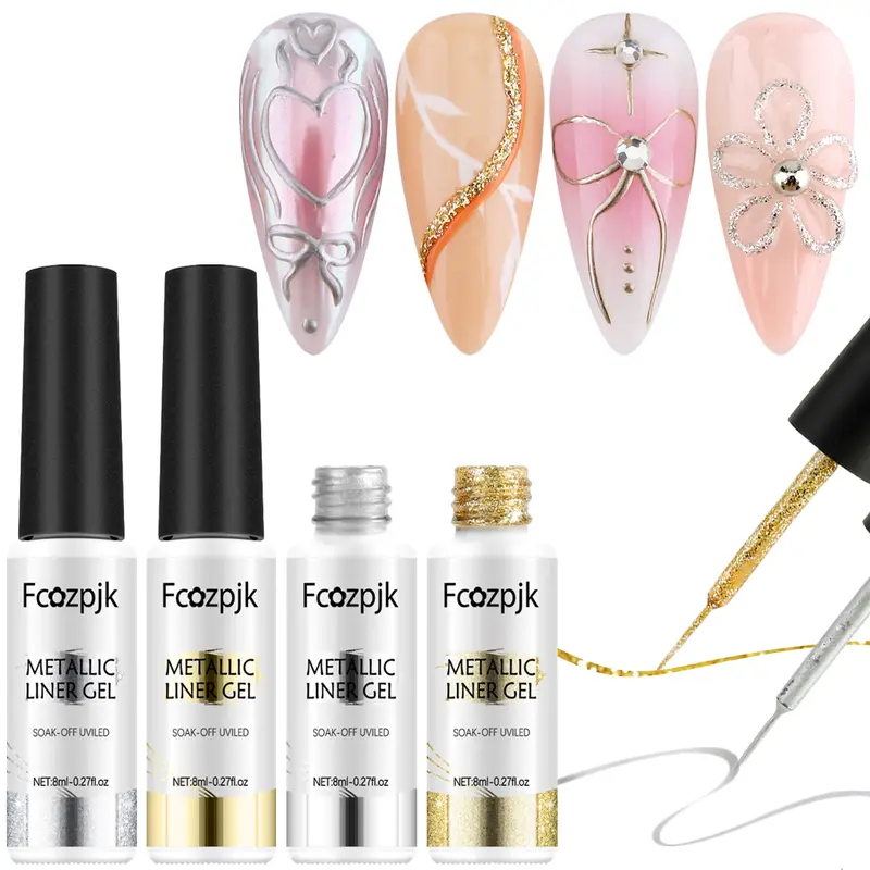 Fcozpjk Gold And Silver Gel Nail Polish 4PCS Metallic Gel Liner Nail Art Polish Mirror Chrome Effect Metal Gel Paint French Tips Wave Flower Dotting Drawing Nail Gel With Thin Brush