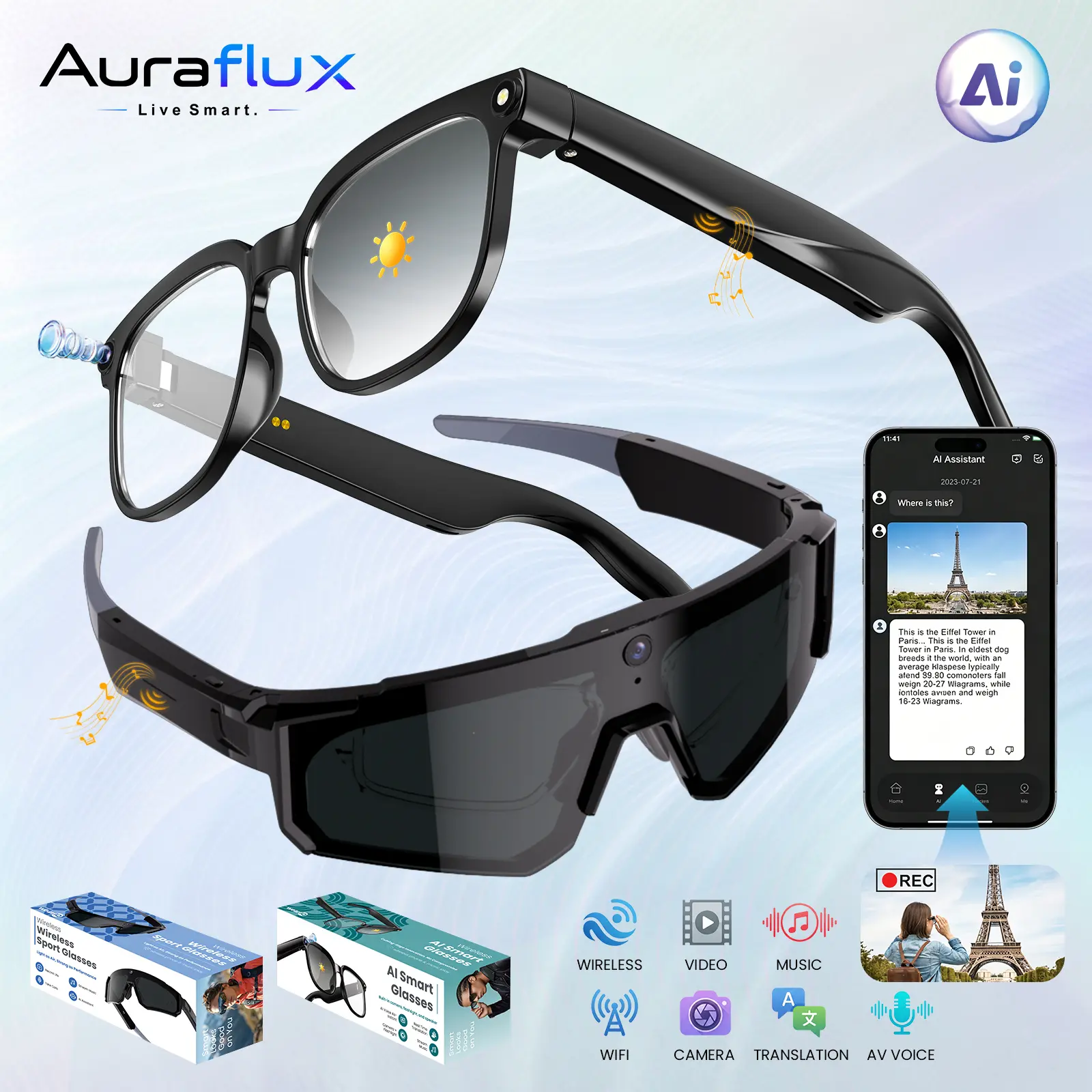 AuraFlux Smart AI Camera Glasses, Hands-Free Photography & Video Recording, Built-in AI Assistant & Instant AI Translation, 8MP Photochromic UV Protection Lenses, Button Touch Control, Bluetooth Wireless Wearable Glasses for Travel Outdoor Adventures