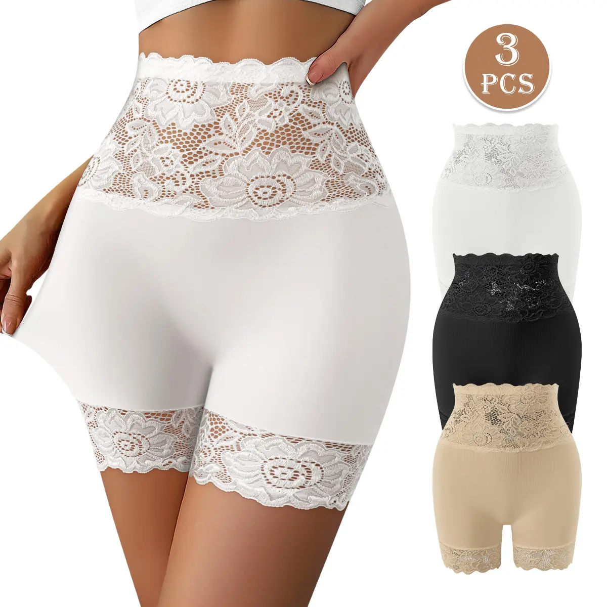 QUASTI 3-Piece Elegant High-Waisted Tummy Control Lace Women's Boxer Briefs, Lace-Trimmed Design, Soft and Breathable, Highly Elastic and Comfortable, Silky Smooth Shorts, Anti-Exposure Womenswear, Elegant and Confident Women's Underwear, Sizes S-XXL, Fit