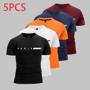 Men’s Summer Short-Sleeve T-Shirt, Pack of 5, Letter Print, Pure Cotton, Breathable Casual Tee