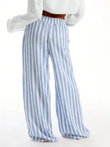 1 Pair High Waist Striped Wide Leg Pants for Women, Loose Breathable Trousers with Pockets for Vacation Resort & Streetwear