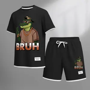 Men's Hip-Hop Street Style Funny Animal Graphic Print Short Sleeve Shirt and Drawstring Shorts Set, Casual Summer Two-Piece Outfit, Lightweight Breathable Relaxed Fit Sportswear, Stylish Comfortable Daily Wear Beach Vacation Travel Loungewear